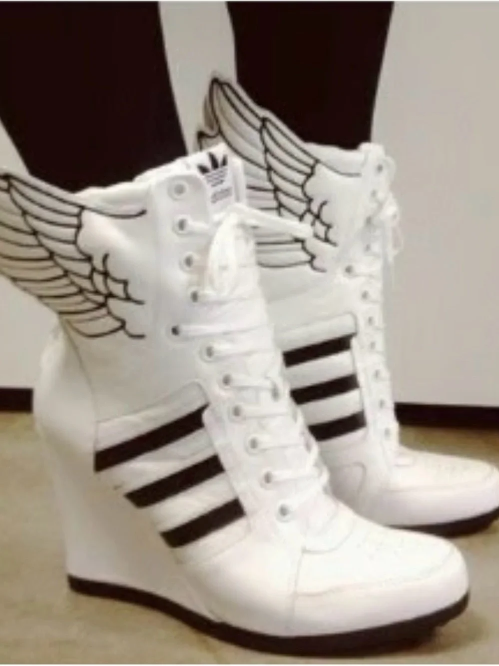 Jeremy Scott White Wedge Sneakers with Black and Gold Stripes and Wing Detail 10
